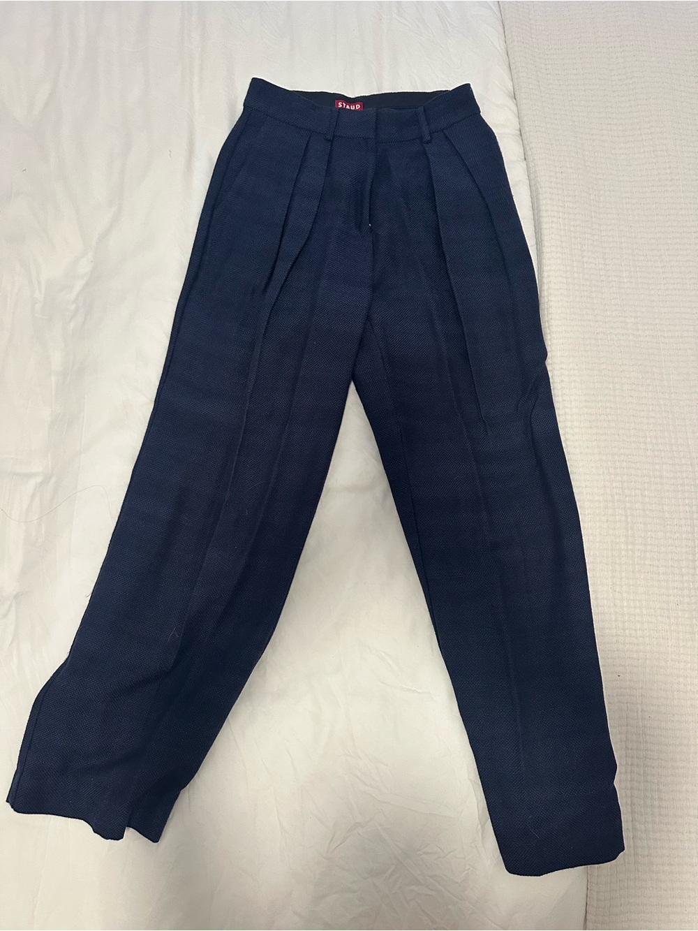 STAUD Navy Pleated High-Waist Trousers